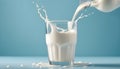 Pouring fresh milk into a glass with splashes on a blue background Royalty Free Stock Photo