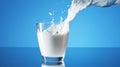 Pouring fresh milk into the glass with splashing on light blue background Royalty Free Stock Photo