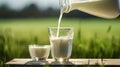 Pouring fresh milk from pitcher into the glass with grass field and cows background. AI Generative Royalty Free Stock Photo
