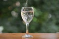 Pouring fresh mineral water from the bottle into a wineglass Royalty Free Stock Photo