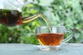 Pouring fresh mint tea into cup on blue wooden table, closeup Royalty Free Stock Photo