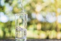 Pouring fresh water on drinking glass over nature sunlight morning background Royalty Free Stock Photo