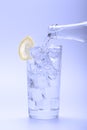 Pouring fresh water into glass with ice and lemon from bottle Royalty Free Stock Photo