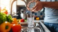 Pouring fresh water into a glass in a kitchen with vegetables. Royalty Free Stock Photo