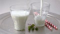 Pouring fresh white creamy traditional Ayran in glasses