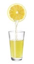 Pouring freshly squeezed juice from lemon into glass on white background Royalty Free Stock Photo