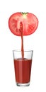 Pouring freshly squeezed juice from tomato into glass on white background Royalty Free Stock Photo