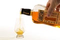 Pouring a glass of whiskey into a glencairn glass in front of a white background - wide angle