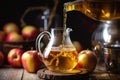 pouring golden apple cider into a glass jug