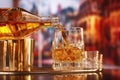 pouring golden whisky into a glass, with blurred distillery background