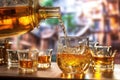 pouring golden whisky into a glass, with blurred distillery background