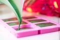 Pouring green colored soap mix with red swirls from a vessle with snout into a pink mold for making final home made hand