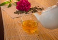 Pouring green tea from a white ceramic teapot in glass Cup Royalty Free Stock Photo