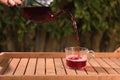 Pouring hibiscus tea from teapot into a cup