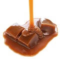 Pouring homemade caramel sauce on caramel candies