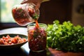 pouring homemade salsa into a glass jar for storage