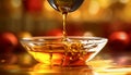 Pouring honey, yellow drop, food and drink, gold colored table generated by AI