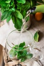 Pouring hot splashing water from pot into glass cup, brewing fresh mint herbal tea