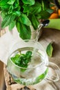 Pouring hot water from pot into glass cup, brewing fresh mint herbal tea, cozy atmosphere