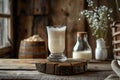 Pouring kefir, milk, or turkish ayran drink into glass cup on wooden stand - rustic table background
