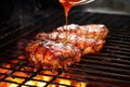 pouring marinade onto veal chops on barbecue grill