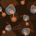 Pouring Masala Chai Vector Illustration With Dark Background Seamless Pattern