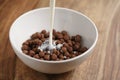 Pouring milk into chocolate cereal balls in white bowl for breakfast on wooden table Royalty Free Stock Photo