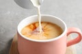 Pouring milk into cup of black tea on gray table Royalty Free Stock Photo