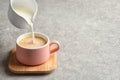 Pouring milk into cup of black tea Royalty Free Stock Photo