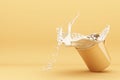 Pouring milk into a cup, milk splashing in yellow cup Royalty Free Stock Photo