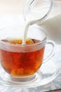 Pouring milk into cup with tea Royalty Free Stock Photo