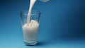 Pouring milk into the glass on the blue background Royalty Free Stock Photo