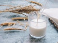 Pouring milk in the glass on blue background. Fresh milk pouring making a crown splash. Front view. Milk glass top view. Royalty Free Stock Photo