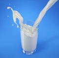 Pouring milk in glass with splash. On blue background Royalty Free Stock Photo