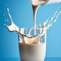 Pouring milk into glass with splashes on blue background, closeup. Royalty Free Stock Photo