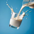 Pouring milk into a glass with splashes on blue background, studio shot