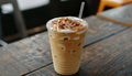 Pouring milk into iced coffee on dark table, creating striking contrast in a captivating scene