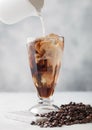 Pouring milk into milkshake classic glass with iced black coffee and fresh raw beans on light background Royalty Free Stock Photo