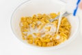 Pouring milk onto a bowl of cereal Royalty Free Stock Photo