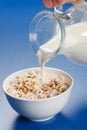 Pouring milk over wheat popped flakes Royalty Free Stock Photo