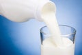 Pouring milk from plastic bottle into glass on blue background Royalty Free Stock Photo