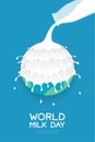 Pouring Milk splash on world globe shape layer from bottle, World Milk Day concept flat design illustration