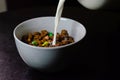 Pouring milk on a white bowl with chocolate cereal Royalty Free Stock Photo