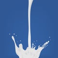 Pouring milk. White flow and splash. Colorful realistic vector illustration on blue background.