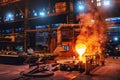 Pouring molten metal into mold from ladle container in foundry metallurgical factory workshop, iron cast, heavy Royalty Free Stock Photo