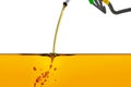 3D illustration, nozzle pumping gasoline in a tank, of fuel nozzle pouring gasoline over white background.