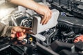 Pouring oil to car engine, closeup