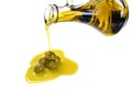 Pouring olive oil from a bottle into a green olives Royalty Free Stock Photo