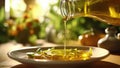 Pouring olive oil from a flask into a exuberant mediterranean salad. International Cuisine