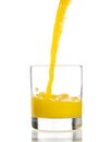 Pouring orange juice into a transparent glass on a white background Royalty Free Stock Photo